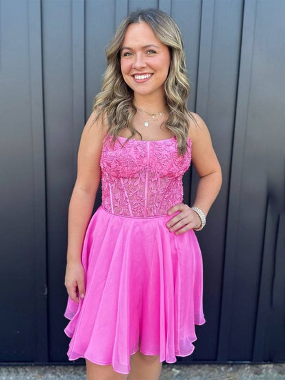 Fuchsia - Strapless Chiffon A Line Short Homecoming Dresses With Appliques