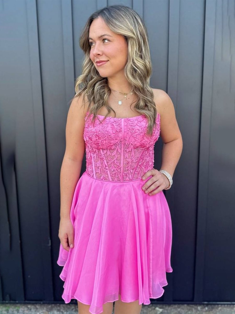 Fuchsia - Strapless Chiffon A Line Short Homecoming Dresses With Appliques