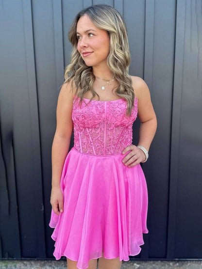 Fuchsia - Strapless Chiffon A Line Short Homecoming Dresses With Appliques