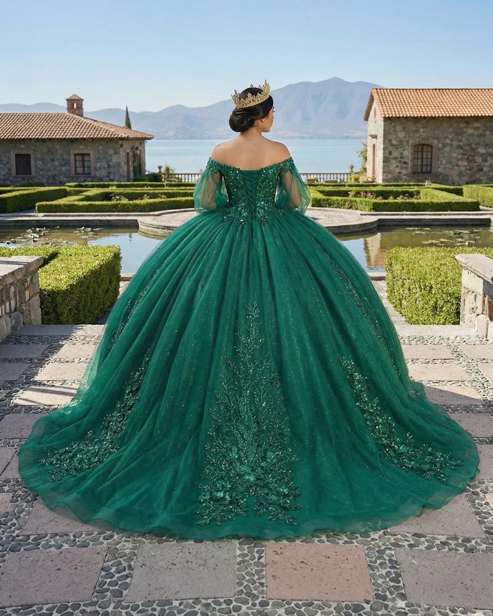 Dark Green Ball Gown Organza Half Sleeves Quinceanera Dress