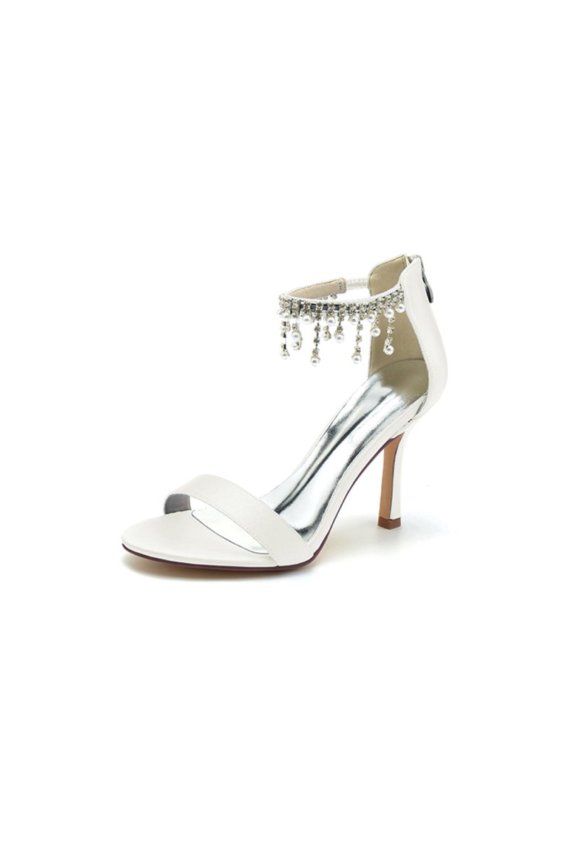 Glamorous White Leather High Heels with Silver Chain Accent
