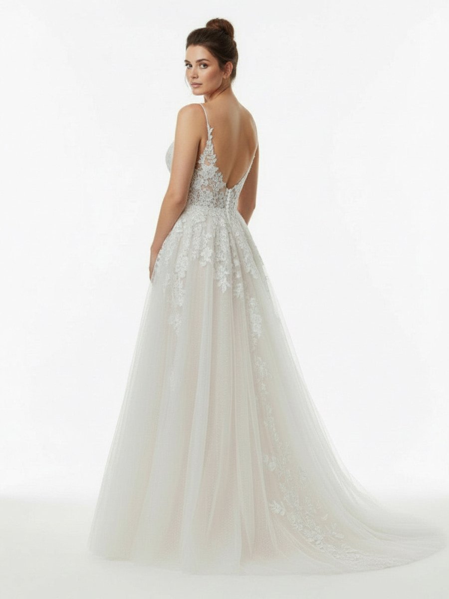Glitter Ivory A-Line Spaghetti Straps Long Wedding Dress with Appliques