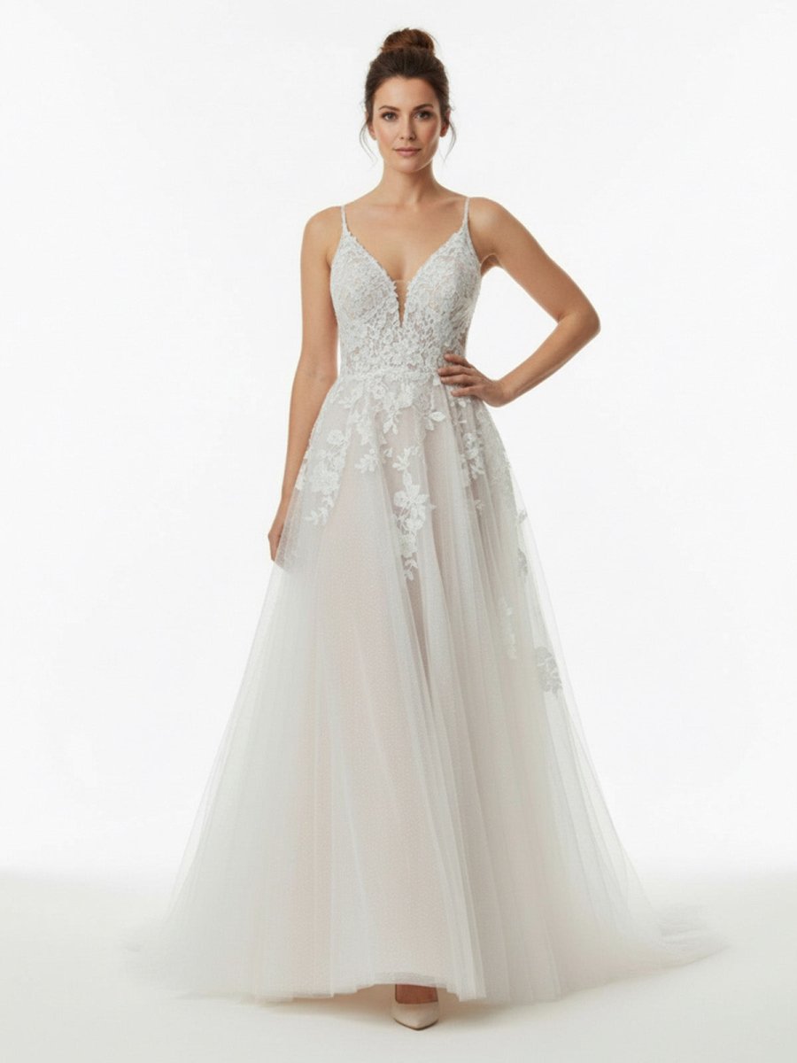 Glitter Ivory A-Line Spaghetti Straps Long Wedding Dress with Appliques