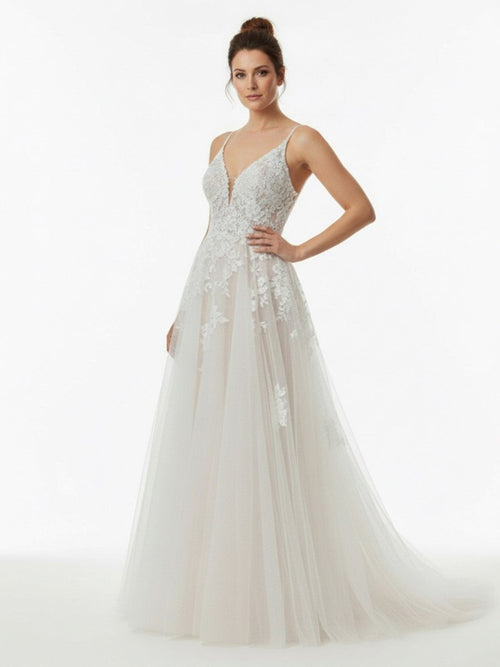 Glitter Ivory A-Line Spaghetti Straps Long Wedding Dress with Appliques