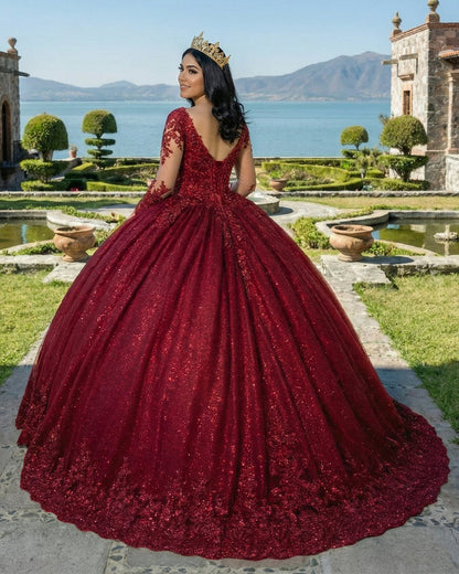 Glitter Long Sleeve Princess Burgundy Quinceanera Dresses