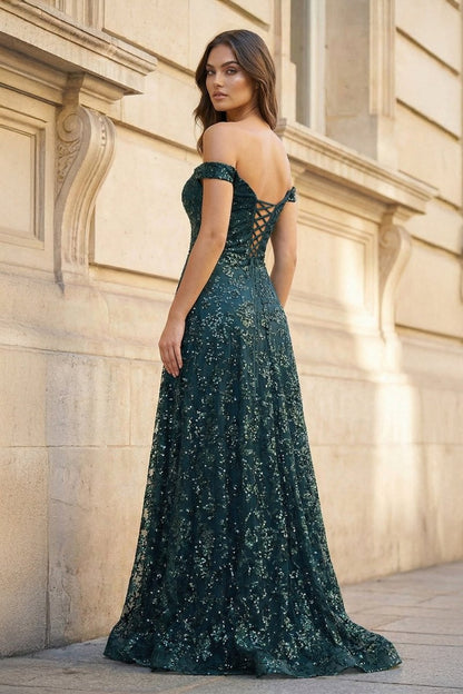Glitter Mermaid Off The Shoulder Dark Green Long Prom Dress