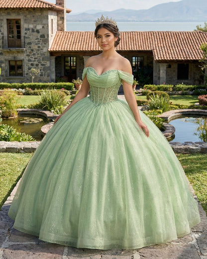 Glitter Off The Shoulder Beading Tulle Long Quinceanera Dresses