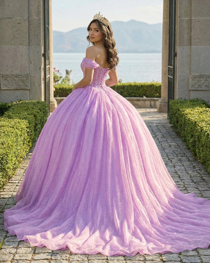 Glitter Off The Shoulder Pink Ball Gown Quinceanera Dresses