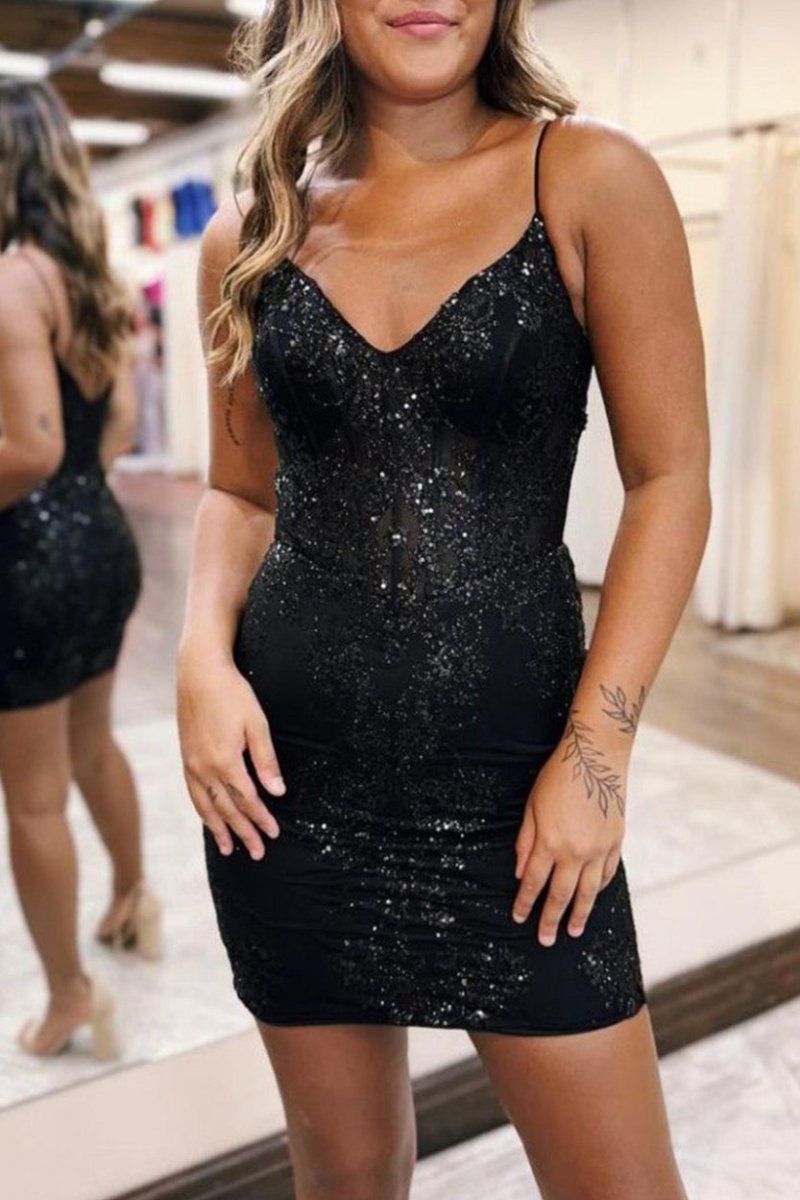 Glitter Sparkly Bodycon Zipper Back Spaghetti Straps Short Homecoming Dress