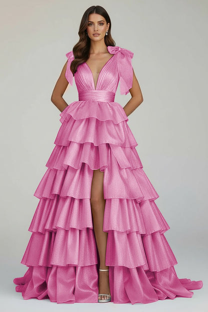 Glitter Tie Straps Pink Plunging Neck Tiered Long Prom Dress