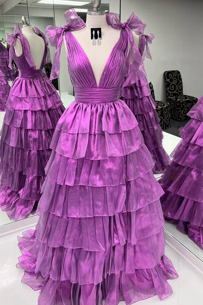 Glitter Tie Straps Pink Plunging Neck Tiered Long Prom Dress