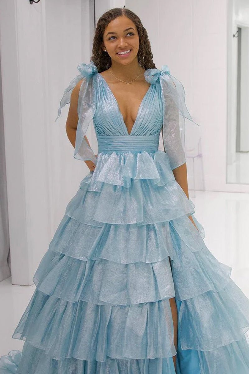 Glitter Tie Straps Pink Plunging Neck Tiered Long Prom Dress
