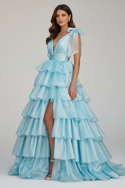 Glitter Tie Straps Pink Plunging Neck Tiered Long Prom Dress