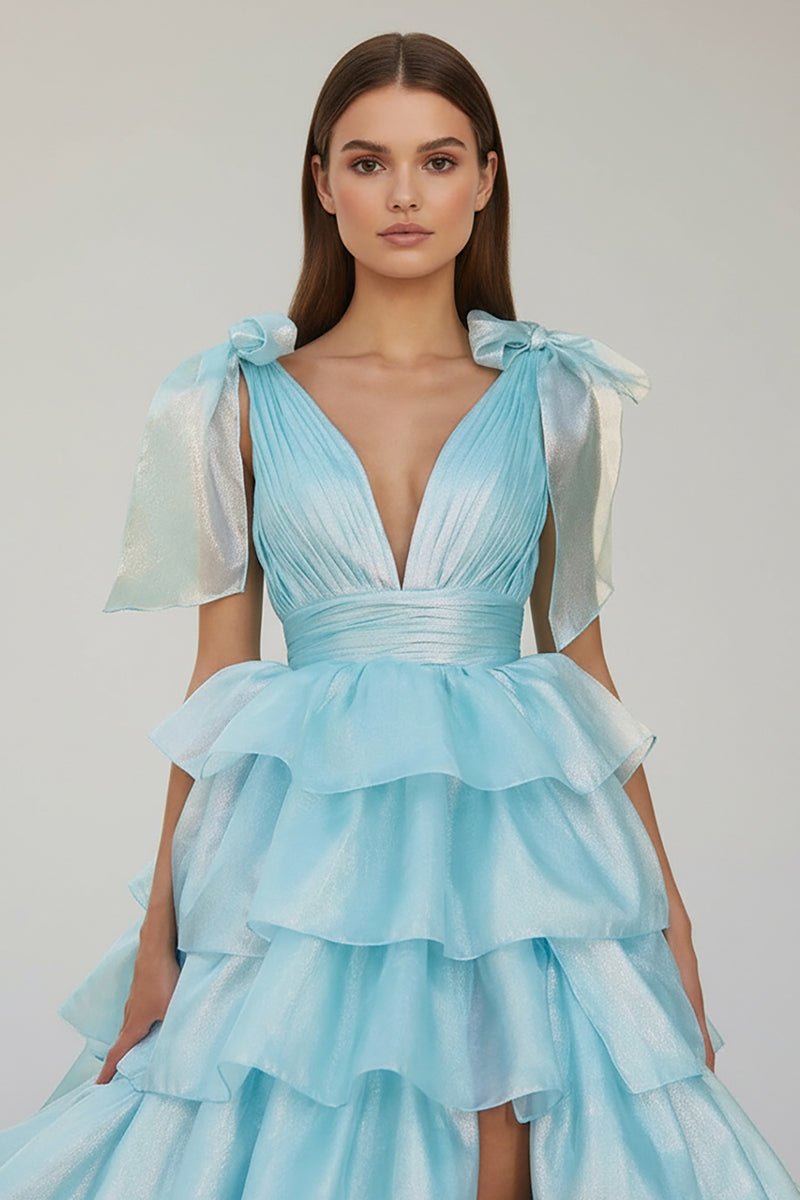 Glitter Tie Straps Pink Plunging Neck Tiered Long Prom Dress