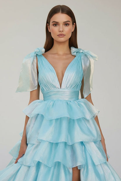 Glitter Tie Straps Pink Plunging Neck Tiered Long Prom Dress