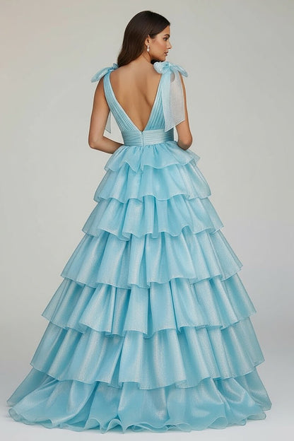 Glitter Tie Straps Pink Plunging Neck Tiered Long Prom Dress