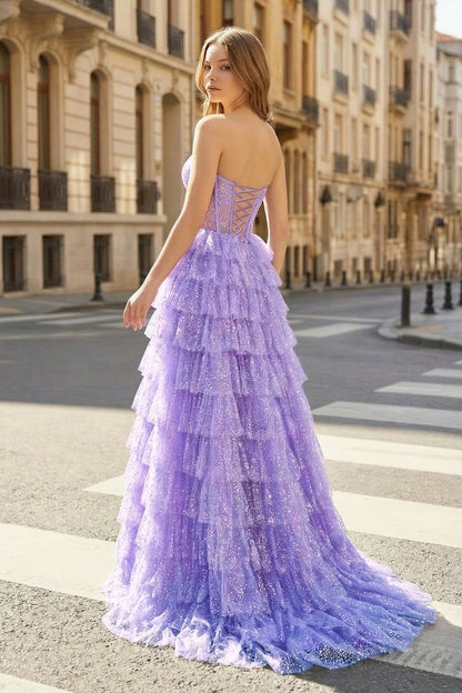 Glitter Tulle Corset Ruffle Tiered Long Prom Dress with Slit