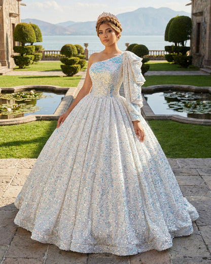 Glitter White Sequined One Shoulder Ball Gown Quinceanera Dress