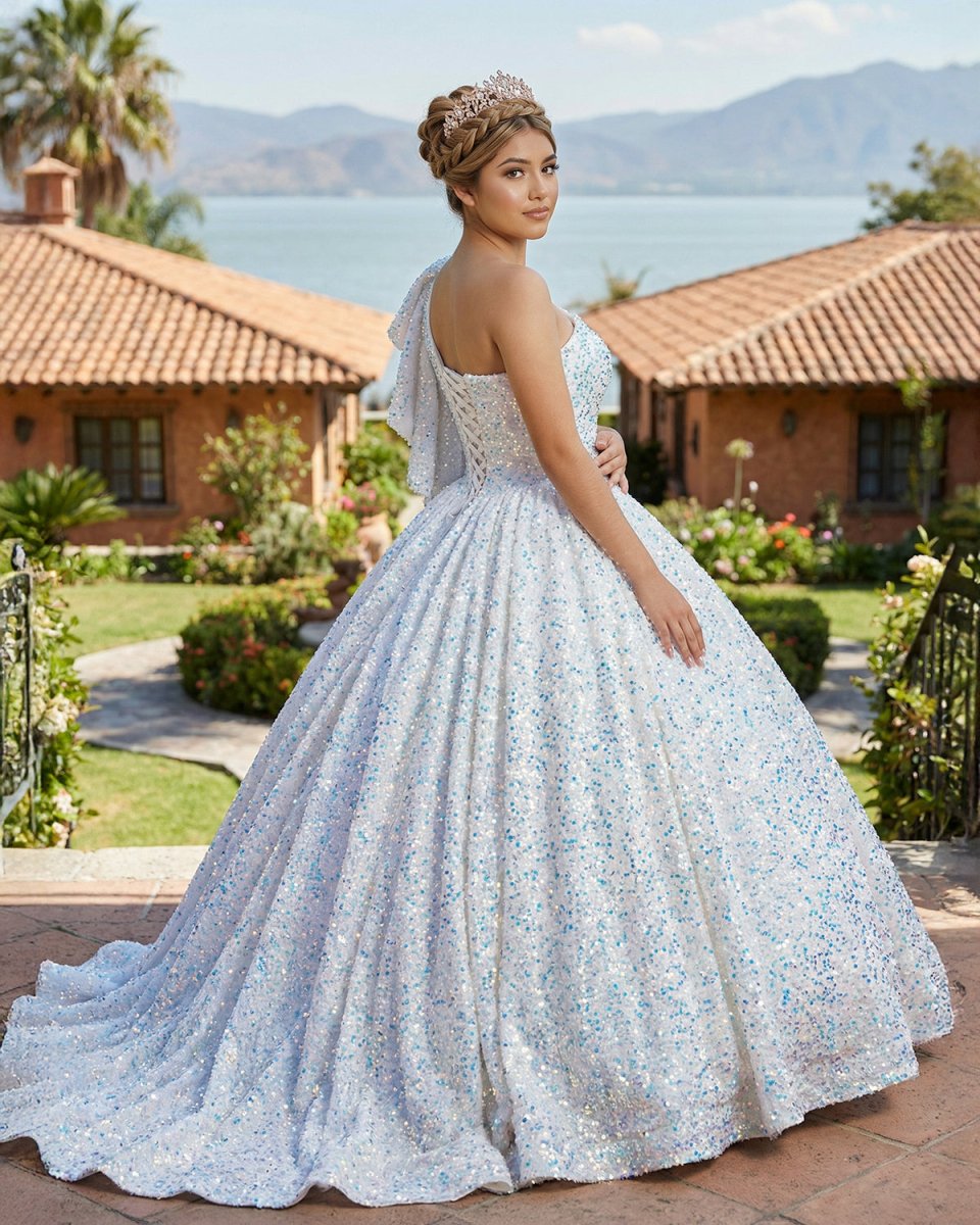 Glitter White Sequined One Shoulder Ball Gown Quinceanera Dress