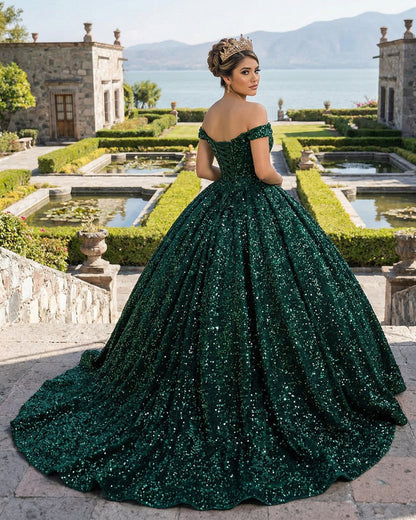 Dark Green Off The Shoulder Ball Gown Sequined Quinceanera Dress