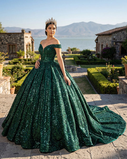 Dark Green Off The Shoulder Ball Gown Sequined Quinceanera Dress