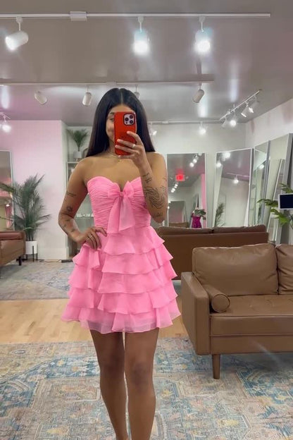 Strapless Green Chiffon Bow Ruffle Short Dress