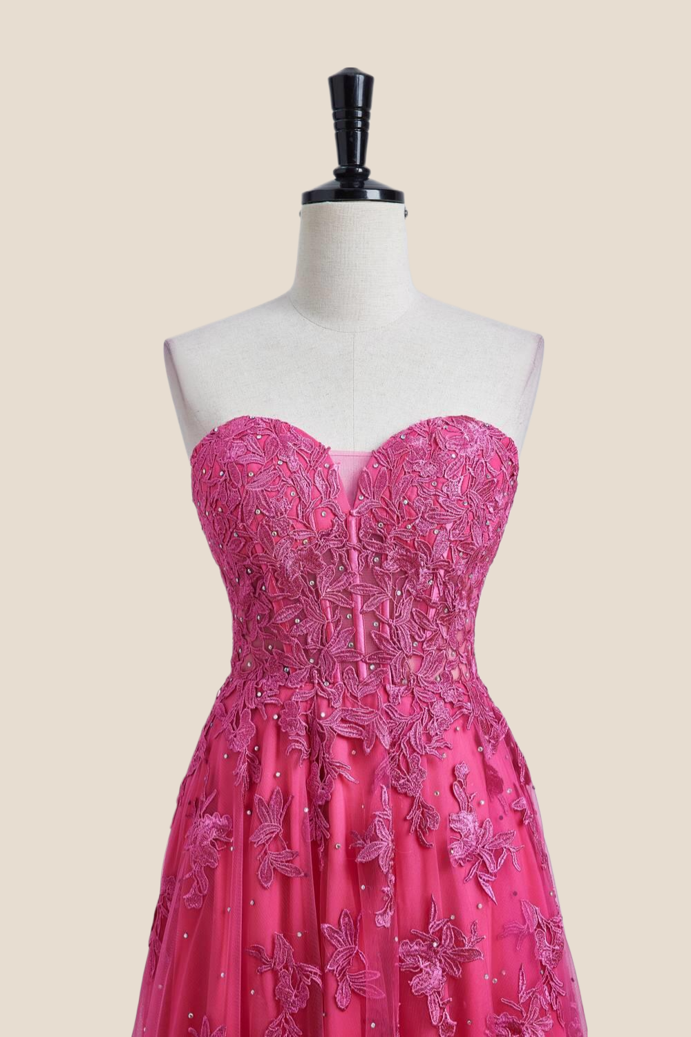 Hot Pink Lace and Tulle Long Formal Dress