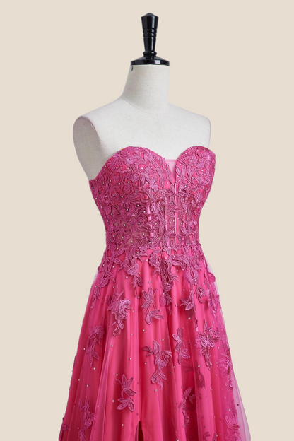 Hot Pink Lace and Tulle Long Formal Dress