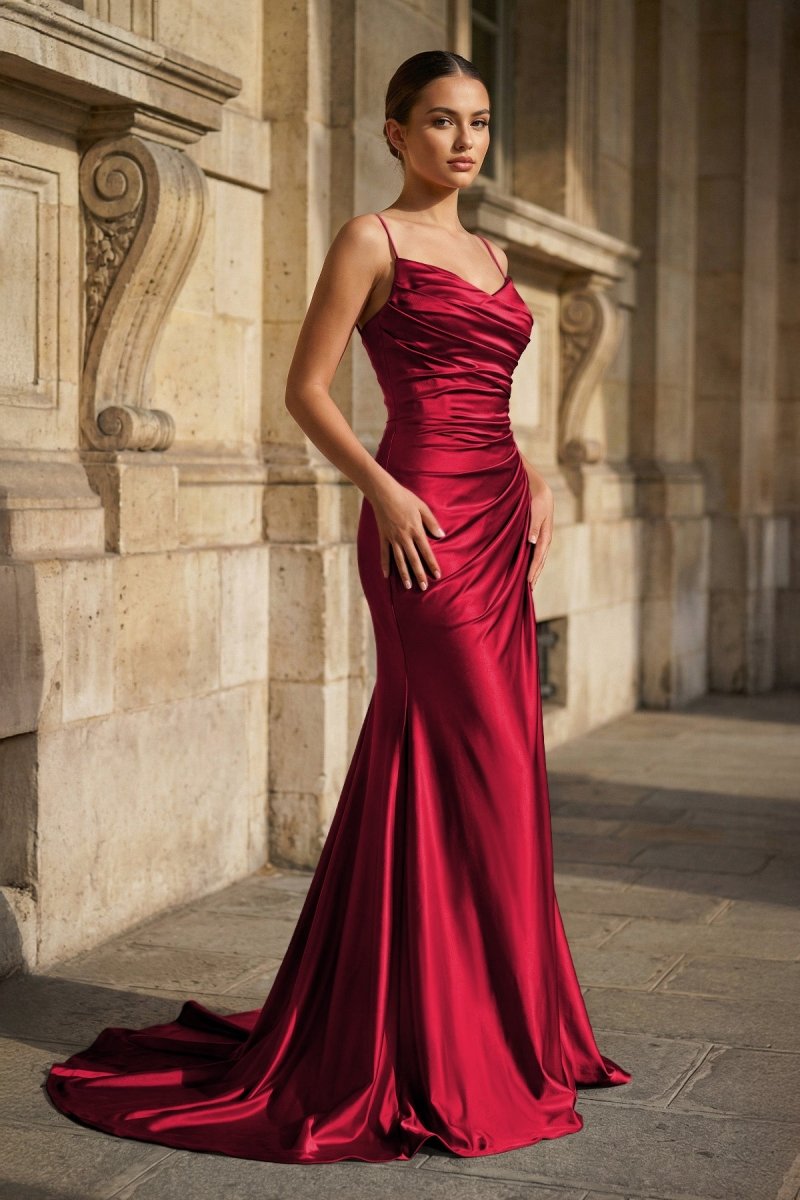 Fuchsia Spaghetti Straps Mermaid Satin Slit Prom Dresses