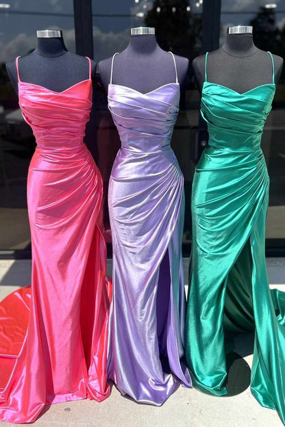 Fuchsia Spaghetti Straps Mermaid Satin Slit Prom Dresses