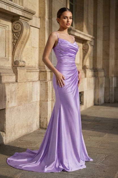 Fuchsia Spaghetti Straps Mermaid Satin Slit Prom Dresses