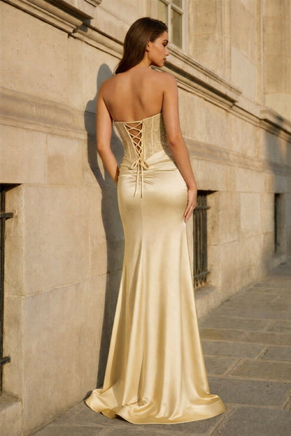 Fuchsia Beaded Strapless Applique Formal Dress with Slit