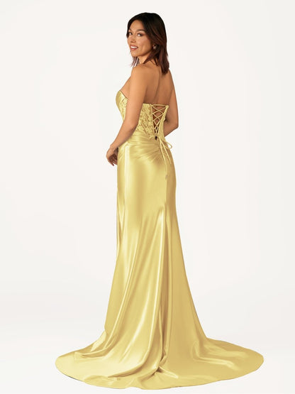 Fuchsia Beaded Strapless Applique Formal Dress with Slit