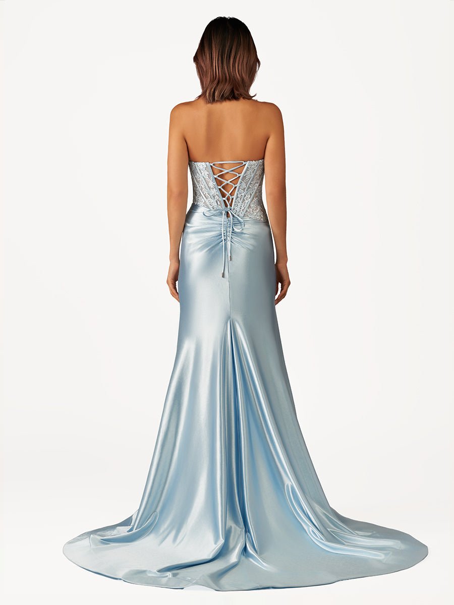Fuchsia Beaded Strapless Applique Formal Dress with Slit
