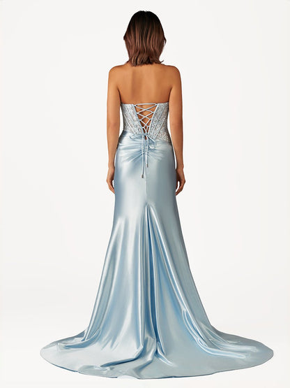 Fuchsia Beaded Strapless Applique Formal Dress with Slit