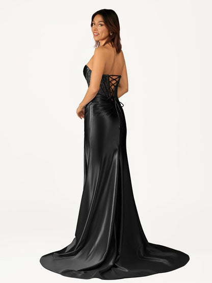 Fuchsia Beaded Strapless Applique Formal Dress with Slit