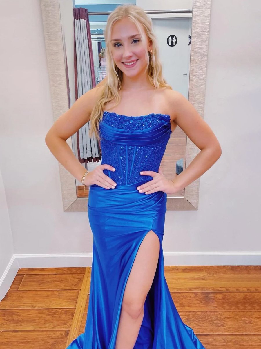 Fuchsia Beaded Strapless Applique Formal Dress with Slit