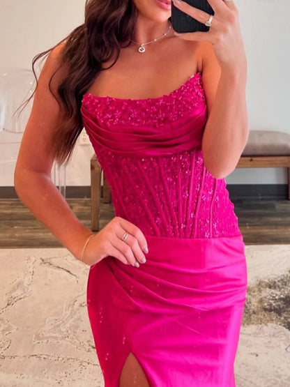 Fuchsia Beaded Strapless Applique Formal Dress with Slit