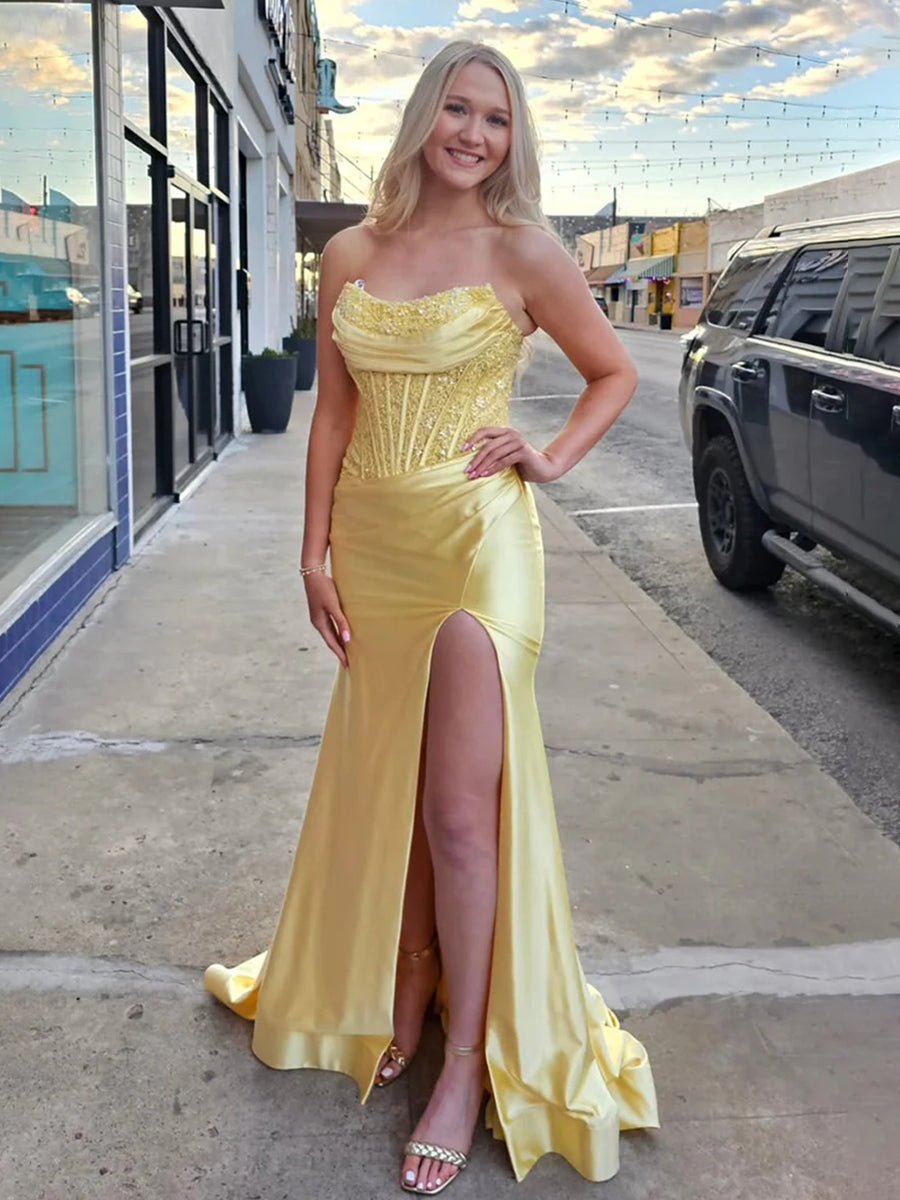 Fuchsia Beaded Strapless Applique Formal Dress with Slit