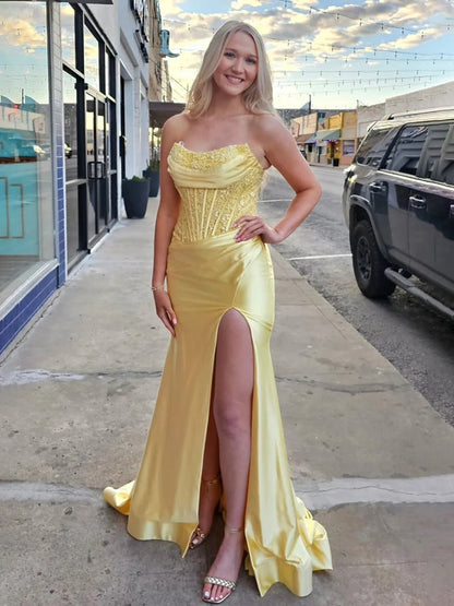 Fuchsia Beaded Strapless Applique Formal Dress with Slit