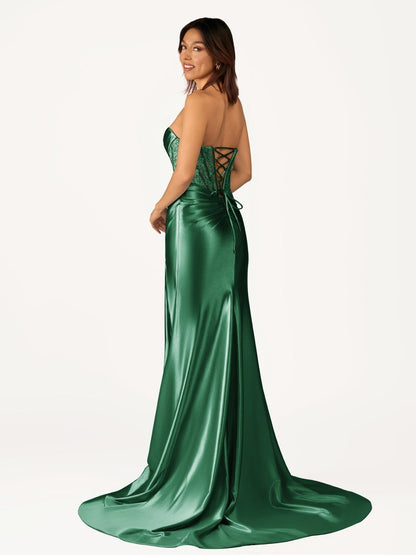 Fuchsia Beaded Strapless Applique Formal Dress with Slit