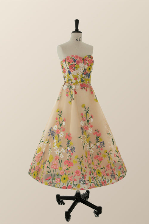 Strapless Champagne Floral A-line Tea Length Dress