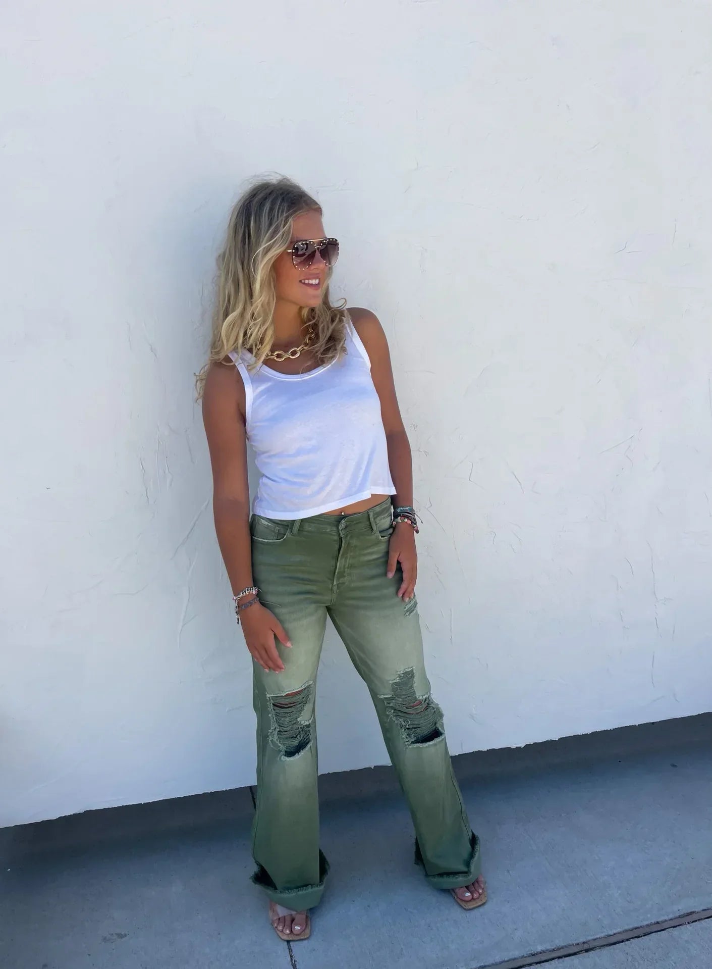 Hazel Blues® |  Blakeley Distressed Jeans In Olive and Camel
