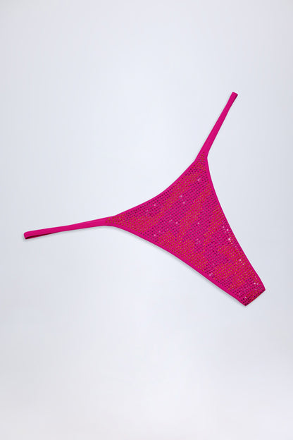 Embellished Thong Bikini Bottoms in Pink Tropical Print
