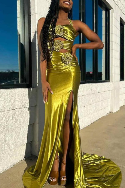 Floral Applique Halter Fuchsia Mermaid Prom Dress with Cut-out