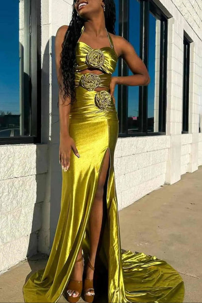 Floral Applique Halter Fuchsia Mermaid Prom Dress with Cut-out