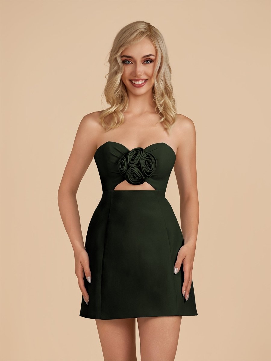 Dark Green - Sheath Strapless Flowers Cutout Short Homecoming Dresses