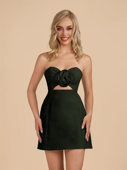 Dark Green - Sheath Strapless Flowers Cutout Short Homecoming Dresses