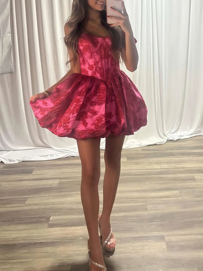 Fuchsia - Spaghetti Straps A Line Floral Ruched Short Homecoming Dress