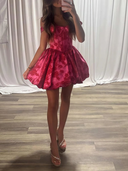 Fuchsia - Spaghetti Straps A Line Floral Ruched Short Homecoming Dress